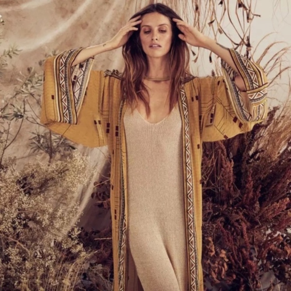 SOLD OUT Mustard Tribal Aztec Western Self Tie Kimono Duster Wrap Bohemian Robe - Picture 2 of 8